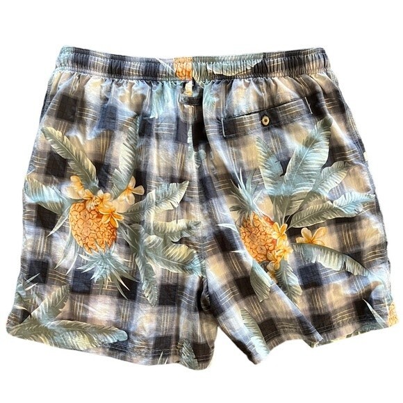 Tommy Bahama Swim Trunks Black White Plaid Large Pineapples Mesh Lining size L - Picture 2 of 8